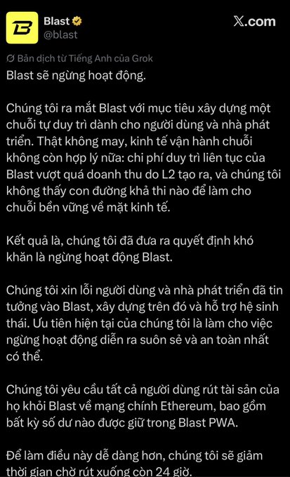 A Vietnamese-language X post from Blast (@blast) announcing 'Blast sẽ ngừng hoạt động' (Blast will cease operations) and asking users to withdraw funds to Ethereum.