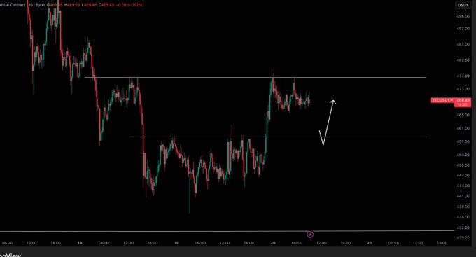 The image shows a chart with red lines representing stock prices over time. The chart displays a downward trend, indicating a possible decline in stock prices. A caption below the chart reads "$ZEC / $USD - Update Something like this would not go a miss today. Will only be waiting for longs off that level, not shorts." This suggests that the image is related to a discussion about investing or analyzing stock market trends.
