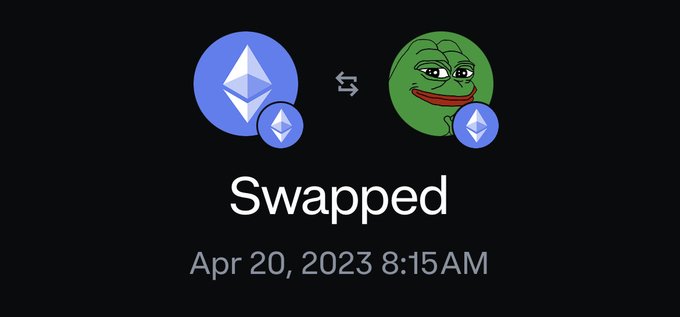 A crypto swap notification showing Ethereum (ETH) being exchanged for Pepe (PEPE) token, dated Apr 20, 2023 8:15AM.
