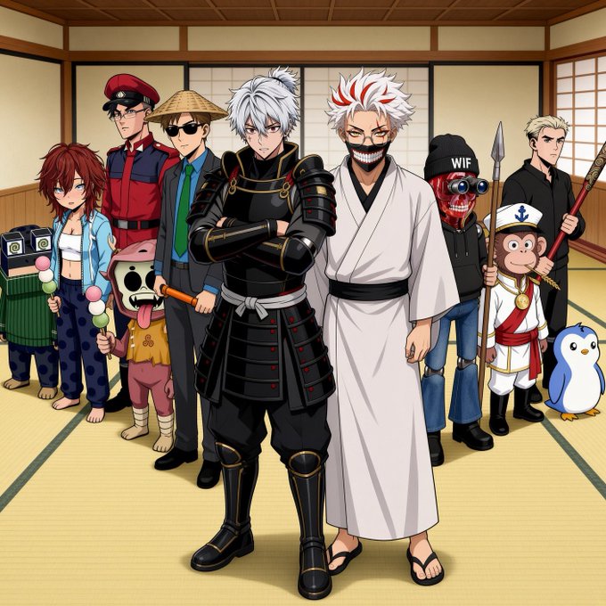 An anime-style illustration of a group of characters standing together in a traditional Japanese room with tatami mats and shoji screens. The lineup includes various figures such as a samurai in black armor, an elderly man in a white robe, a red-haired girl, a soldier, and other unique characters.
