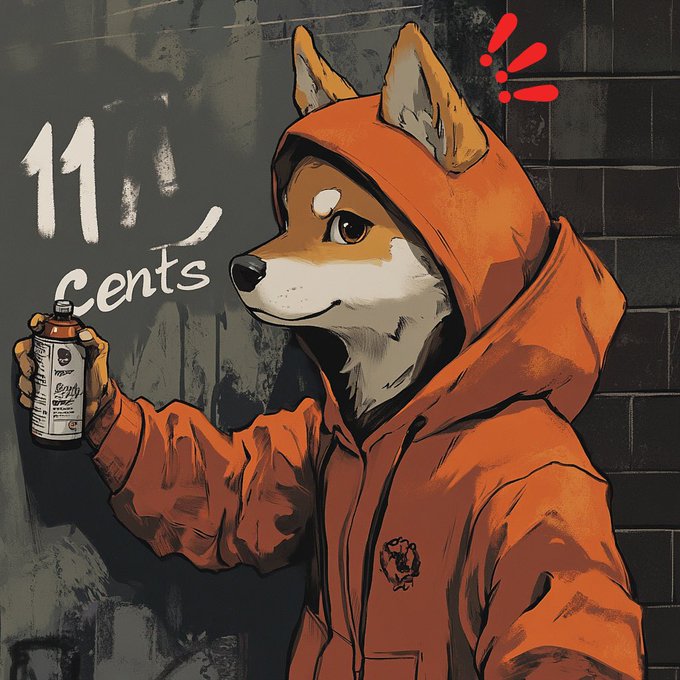 A digital illustration of a Shiba Inu dog wearing an orange hoodie, holding a spray paint can, with '11 cents' written on a dark wall next to it.