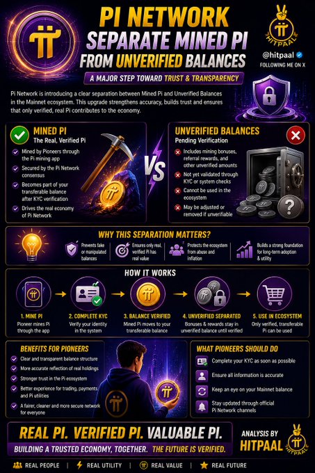 An infographic by @hitpaal explaining Pi Network's new upgrade that separates Mined Pi (KYC-verified and transferable) from Unverified Balances (locked pending verification), outlining the verification process, benefits for pioneers, and emphasizing the tagline "Real Pi. Verified Pi. Valuable Pi."