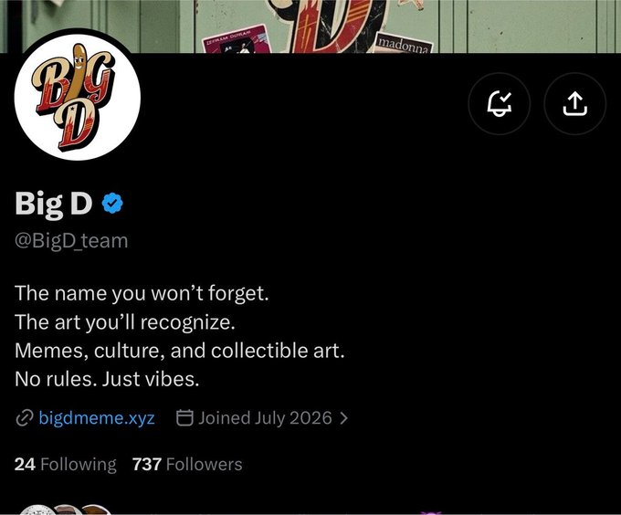 A Twitter/X profile screenshot for "BigD" (@BigD_team), verified with 737 followers, describes itself with the tagline: "The name you won't forget. The art you'll recognize. Memes, culture, and collectible art. No rules. Just vibes."