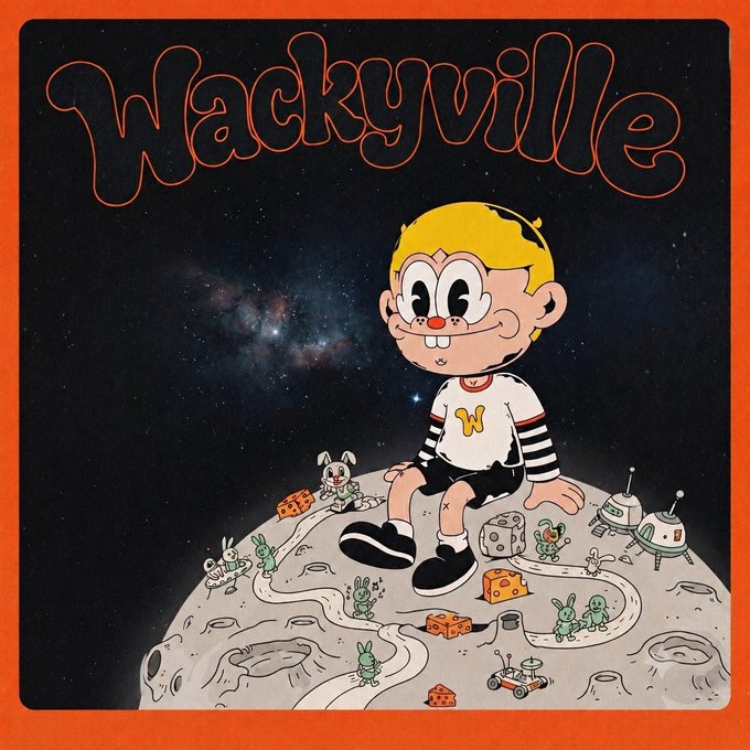 A cartoon boy sits on a moon-like surface alongside various quirky characters, with the stylized text "Wackyville" displayed prominently against a starry night sky. The whimsical illustration reflects the post's description of an NFT project featuring hand-drawn cartoon characters, with the boy's distinctive freckled face and striped outfit serving as a central figure in this peculiar, playful world.