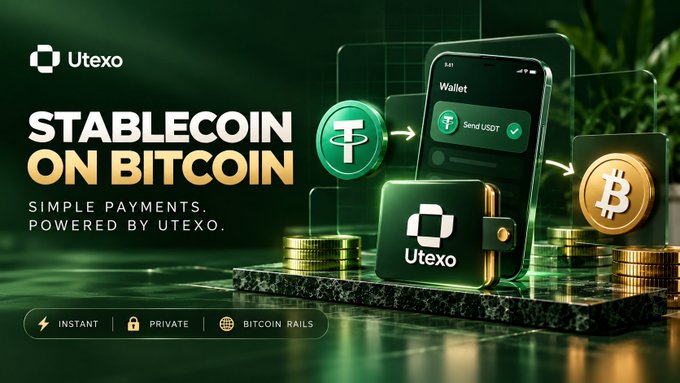 A promotional banner for Utexo advertising a 'STABLECOIN ON BITCOIN' with the tagline 'SIMPLE PAYMENTS. POWERED BY UTEXO.' featuring a phone displaying a 'Send USDT' wallet screen alongside Tether and Bitcoin coins.