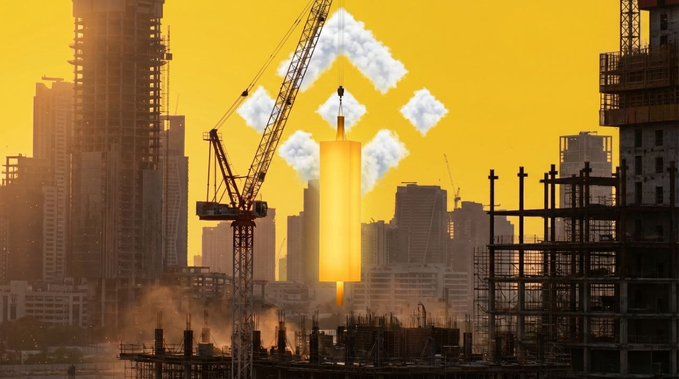 A silhouetted construction site skyline against a vibrant orange/yellow sky, featuring a Binance logo made of clouds and a glowing yellow rocket-like object in the center.