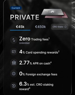 The image displays Crypto.com's "Private" Visa card tier, highlighting benefits such as zero trading fees, 4% card spending rewards, 2.77% APR on cash, 0% foreign exchange fees, and a 6.3% CRO staking reward—perks the poster claims are being reduced, prompting them to consider closing their account since the original benefits that justified locking CRO are no longer being honored.