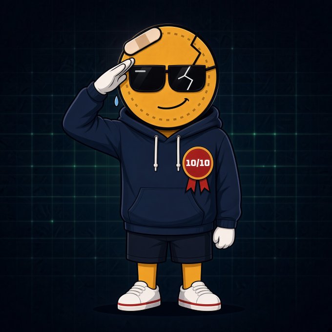 A cartoon illustration features a smiling orange coin character with sunglasses and a bandage on its head, wearing a navy hoodie with a '10/10' red badge, saluting against a dark grid background.
