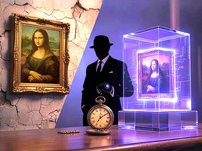 The image features an antique pocket watch, a painting of Mona Lisa, and a man wearing a suit with a hat standing next to them. The scene appears to be set against a backdrop of a wall that has been painted purple. The objects in the image are arranged in such a way that they create a visually appealing composition. The presence of the pocket watch suggests an element of history or nostalgia, while the painting and the man's attire evoke a sense of sophistication and elegance. The purple wall adds a touch of color to the scene, making it more vibrant and eye-catching. Overall, this image captures a moment in time where art, fashion, and history intersect, creating a visually striking and thought-provoking display.