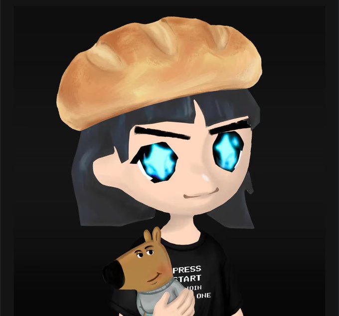 A digital illustration of a dark-haired character with blue star-shaped eyes wearing a large bread loaf on their head, holding a small dog-like figure, with shirt text 'PRESS START' visible.