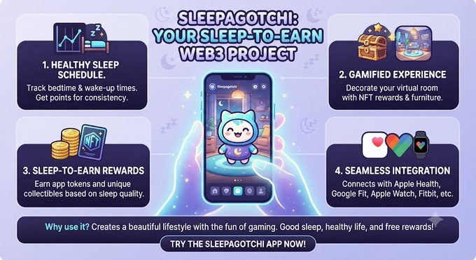 Promotional graphic for 'Sleepagotchi: Your Sleep-to-Earn Web3 Project' featuring four key features: healthy sleep schedule tracking, gamified NFT room decoration, sleep-to-earn rewards with tokens, and seamless integration with Apple Health, Google Fit, Apple Watch, and Fitbit.