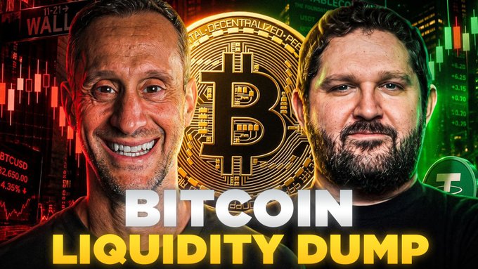 The image is a YouTube thumbnail featuring two men positioned on either side of a large golden Bitcoin logo, with "BITCOIN LIQUIDITY DUMP" displayed in bold white and yellow text at the bottom. The background shows red candlestick charts and a "BTCUSD" ticker displaying "62,650.00" with a "4.35%" drop, visually reinforcing the post's headline about Bitcoin crashing to a 21-month low amid news of Visa and Stripe's stablecoin launch.