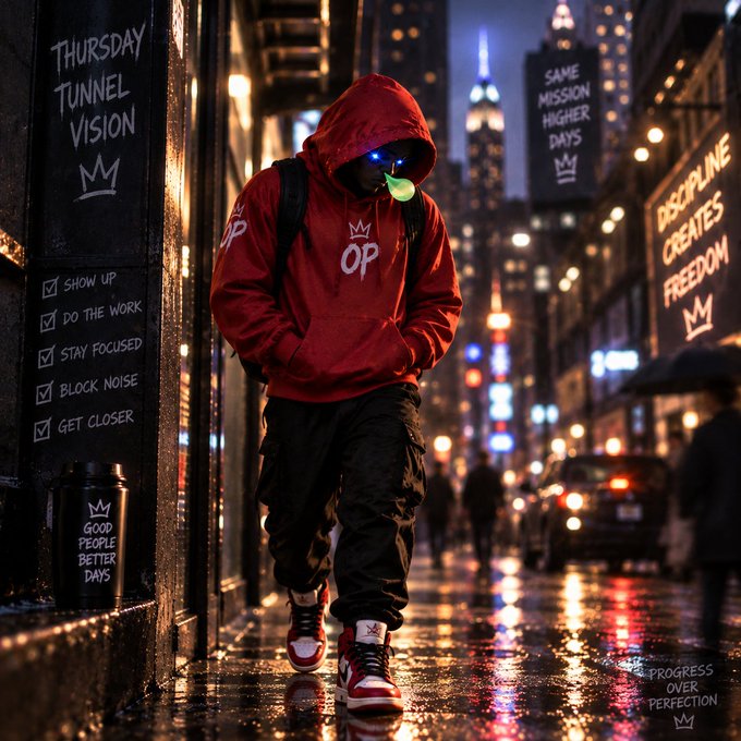 A person in a red hoodie and cargo pants stands on a wet city street at night, surrounded by motivational graffiti including 'THURSDAY TUNNEL VISION' and 'DISCIPLINE CREATES FREEDON'.