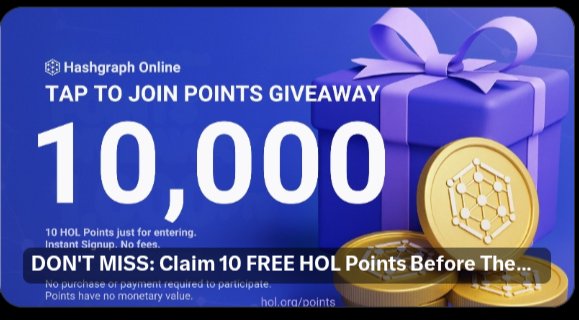 The image features a blue banner with white text that announces an upcoming 10,000 points giveaway for the cryptocurrency coin "HOL". The text encourages users to claim their points quickly by filling out a form or clicking on the provided link. There is also a small image of a gold coin and a purple ribbon in the background, which adds visual interest to the post.