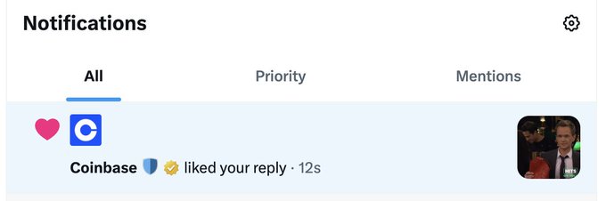A screenshot of a Twitter 'Notifications' page shows a Coinbase account with a blue verified checkmark that liked a reply 12 seconds ago.
