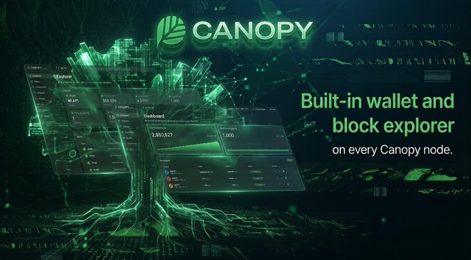A promotional graphic for 'CANOPY' featuring green digital tree imagery and dashboard mockups, with text reading 'Built-in wallet and block explorer on every Canopy node.'