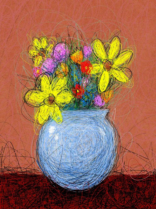 A vibrant, scribble-style digital artwork depicts a round blue vase filled with yellow, red, and pink flowers set against an orange and red background, reflecting the expressive, sketch-like NFT style by artist MrScribbles mentioned in the post.
