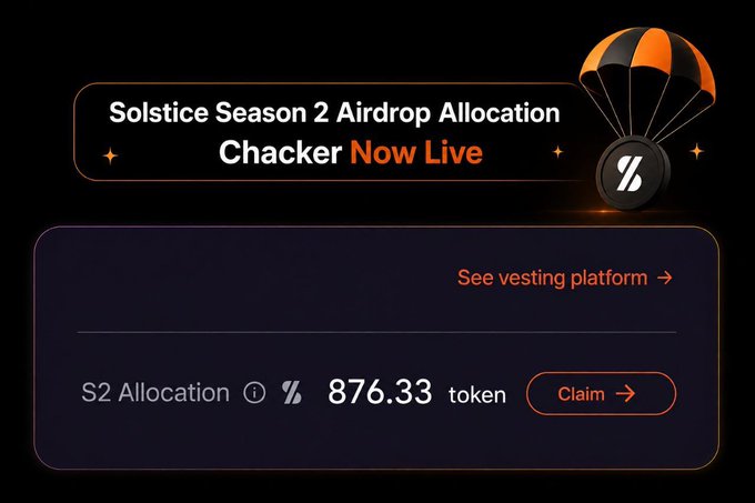 A Solstice Season 2 airdrop allocation checker interface showing an S2 allocation of 876.33 SLX tokens with a claim button and link to the vesting platform, confirming the user's received token amount.