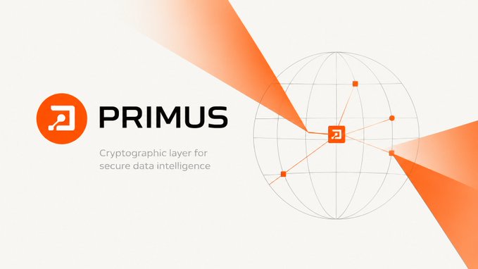 A white-and-orange corporate slide for “PRIMUS” displays the subtitle “Cryptographic layer for secure data intelligence,” alongside a globe graphic and orange network lines.