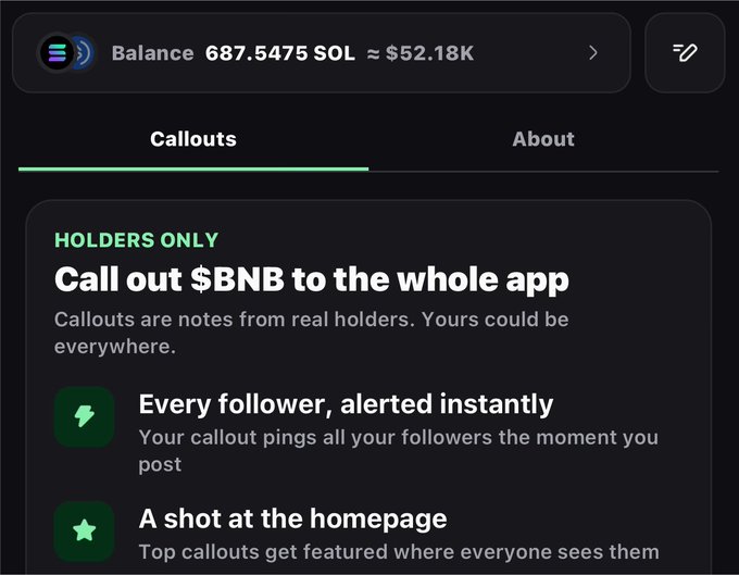 The image shows a "Callouts" feature page on the Pumpfun mobile app, displaying a balance of 687.5475 SOL (~$52.18K) and highlighting the ability to call out $BNB across the app. This visually supports the post about cross-chain callouts on Pumpfun, demonstrating that users can broadcast messages for different tokens like $BNB to their followers and the homepage.