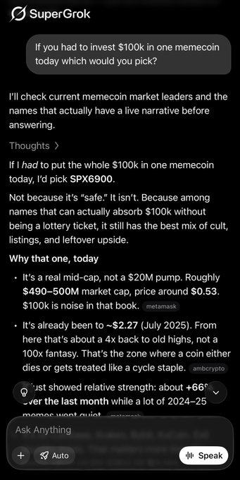 The image shows a SuperGrok AI chat interface where a user asks which memecoin to invest $100k in, and Grok recommends SPX6900 ($SPX) as the top pick, citing its ~$490–500M market cap, $0.53 price, 4x bounce from a July 2025 low around $0.27, and ~+66% relative strength over the past month, reinforcing the post's claim that Grok chose SPX6900 as its #1 memecoin pick.