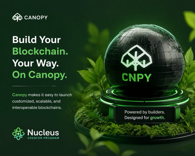 An advertisement for Canopy blockchain platform with the text 'Build Your Blockchain. Your Way. On Canopy' and 'Powered by builders. Designed for growth,' featuring a globe with the CNPY logo.