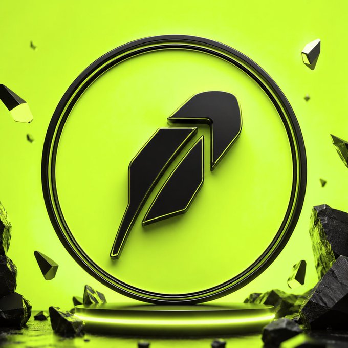 A stylized black "P" logo enclosed in a circular ring sits on a glowing neon green pedestal, surrounded by shattered black rock fragments. The vibrant green and dark, explosive aesthetic visually amplify the post's hype about a massive Robinhood bull run beginning this month.