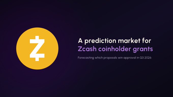 A promotional graphic with a yellow Zcash (ZEC) logo on a dark background, with text reading 'A prediction market for Zcash coinholder grants. Forecasting which proposals win approval in Q3 2026.'
