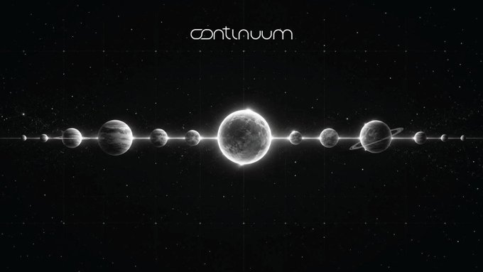 A black space scene with multiple planets aligned horizontally in front of a bright central star, with the text 'continuum' at the top.