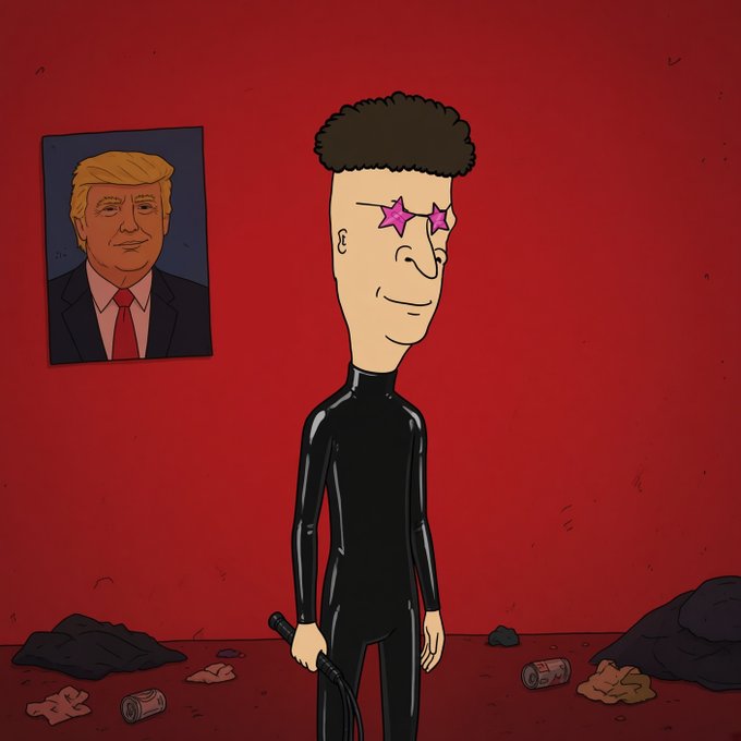 An animated cartoon character with star-shaped sunglasses, an afro, and a black bodysuit holding a whip, standing in a red room with a portrait of Donald Trump on the wall and trash on the floor.