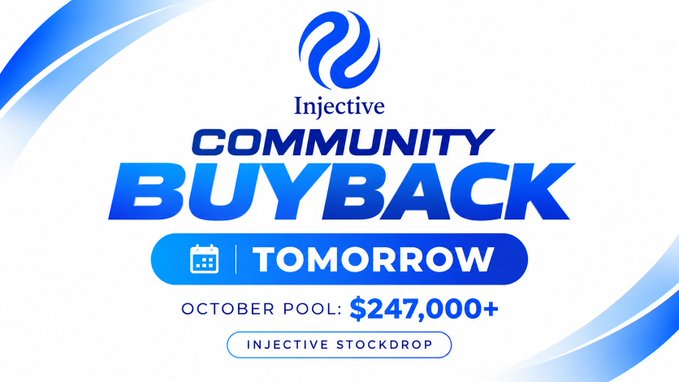A promotional graphic for “Injectiv Community Buyback Tomorrow” shows “October Pool: $247,000+” and “Injective Stockdrop” in blue and white.
