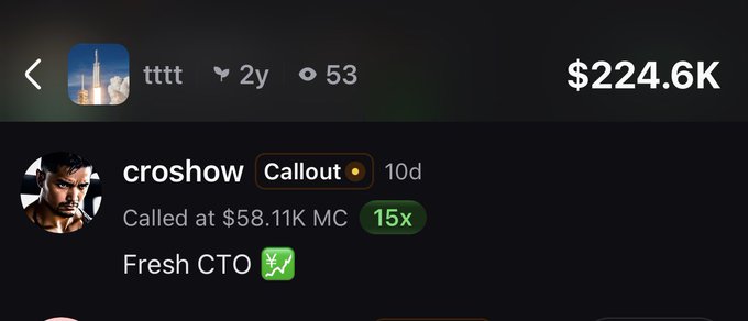 The image shows a screenshot of a social media app, with a post from a user named "Crosshow" that has been tagged as "Callout" at $8,1K MC. The post also mentions that the user's account is called "Fresh CTO". The post includes a photo and a description of the deployment.