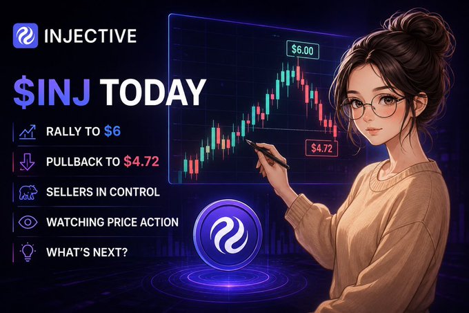 A cryptocurrency promotional graphic for Injective ($INJ) featuring an illustrated woman with glasses pointing at a candlestick chart, with text highlighting a rally to $6 and a pullback to $4.72.