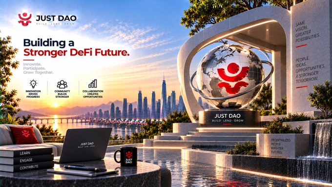 JUST DAO promotional banner reading 'Building a Stronger DeFi Future' with a futuristic cityscape, a metallic globe logo, and tags like 'Innovate, Participate, Grow Together.'
