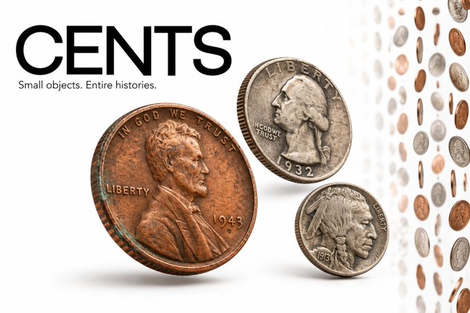 A banner reading 'CENTS Small objects. Entire histories.' featuring enlarged images of U.S. coins including a 1943 penny, 1932 quarter, and 1913 nickel.