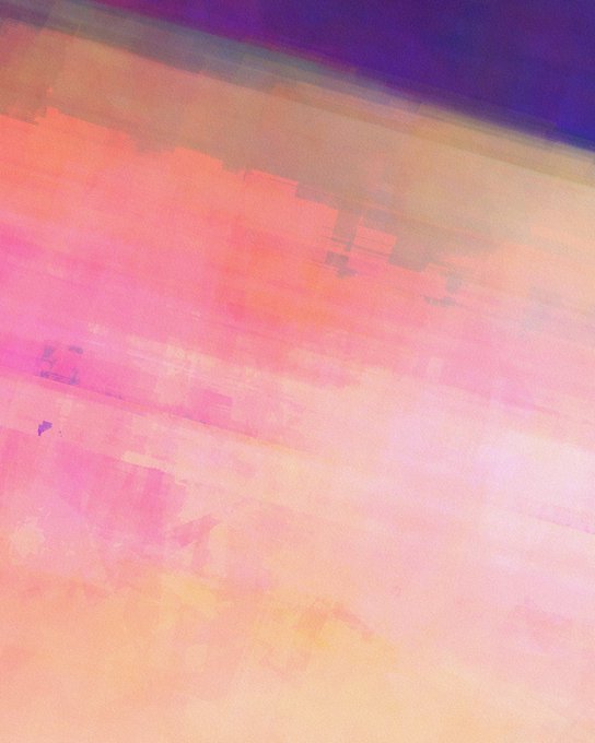 A soft, dreamy abstract gradient of pink, coral, peach, and purple hues evokes a sunset-like, ethereal aesthetic. The vibrant wash of colors visually complements the post's promotion of a new Tezos marketplace, suggesting a fresh, seamless, and inviting digital art experience.