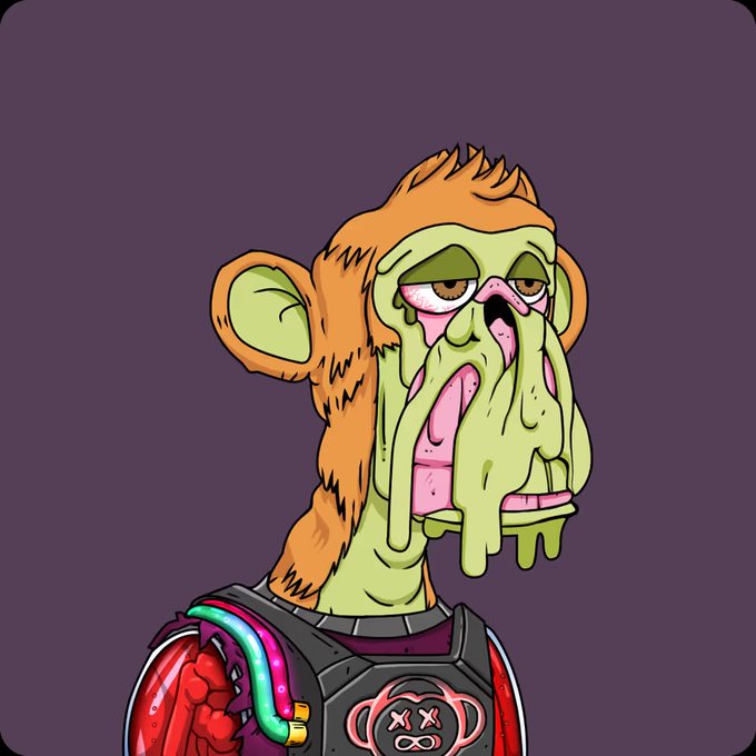 A melting, sickly-green Bored Ape NFT character with drooping features and orange fur wears a black vest with a colorful mutant ape patch. The image illustrates the post's "welcome" message to DKZ joining the Bored Ape Yacht Club, with the ape's distorted, "mutant" appearance tying into the "shiny new mutant" mentioned in the text.