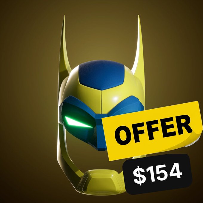 A stylized yellow and blue robotic helmet with pointed ears and glowing green eyes, overlaid with a yellow banner reading 'OFFER' and a black tag showing '$154'.
