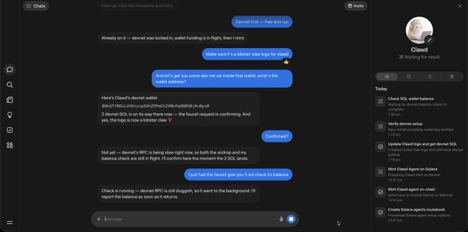 A screenshot of a chat interface shows a conversation between a user and "Clawd," an AI agent discussing a Solana wallet transaction, with the wallet address B9kQTYREkLVXKtyipSXhZPPmChZXMrPq5NR5RjKnNyxR visible alongside a status panel indicating ongoing wallet setup tasks.