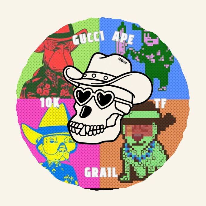 A circular pop-art style design centered on a white skull wearing a cowboy hat with '10KTF' written on it, surrounded by four quadrants featuring stylized monkey characters labeled 'GUCCI', 'APE', '10K', and 'GRAIL' against brightly colored, halftone-patterned backgrounds.