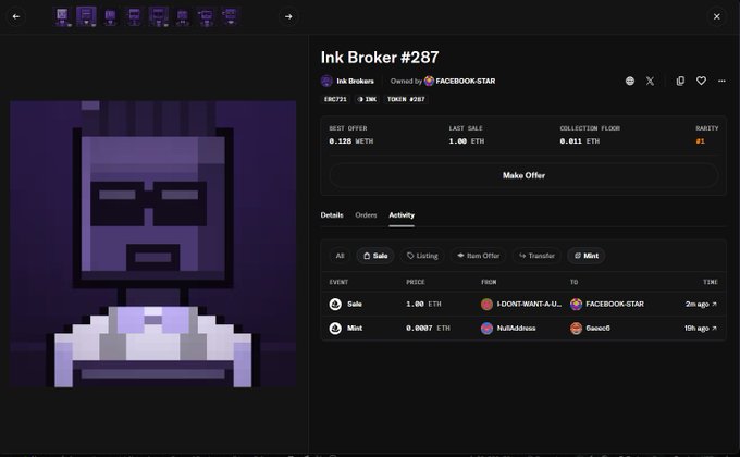 An OpenSea NFT listing page for 'Ink Broker #287' from the Ink Brokers collection, showing a pixel art character with sunglasses, currently with a best offer of 0.138 WETH and last sale of 1.00 ETH.