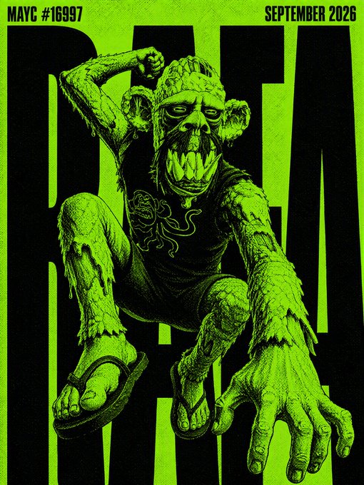 A green-and-black risograph-style illustration of a snarling, fanged mutant gorilla wearing a black shirt with an octopus design, set against bold vertical stripes, with "MAYC #16997" in the top-left and "SEPTEMBER 2026" in the top-right to celebrate the 5-year anniversary of Mutant Ape Yacht Club.