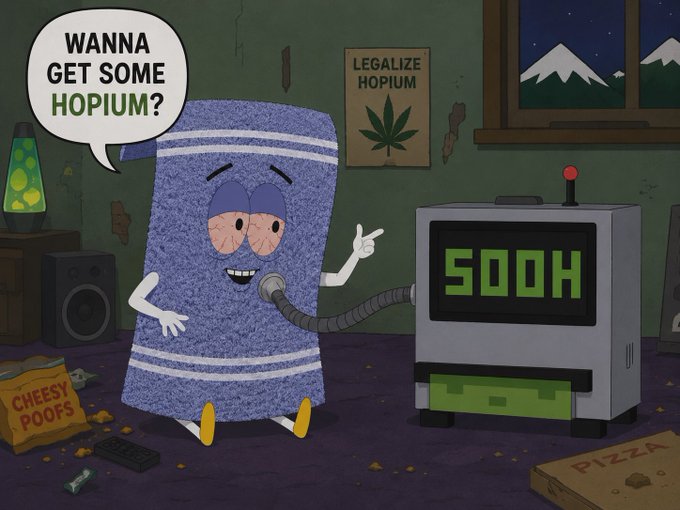 A cartoon character that looks like a blue towel with a face is saying 'WANNA GET SOME HOPIUM?' while connected to a machine displaying 'SOOH', in a room with a 'LEGALIZE HOPIUM' cannabis poster and 'CHEESY POOFS' and 'PIZZA' boxes on the floor.