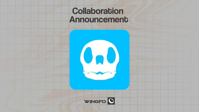 A 'Collaboration Announcement' graphic featuring a white skull logo on a bright blue background, with 'WINGFO' branding at the bottom.