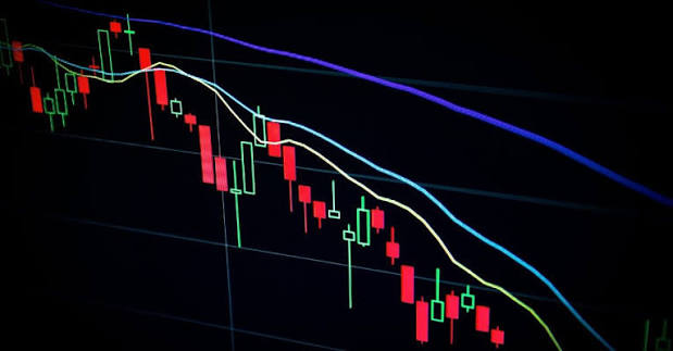 A candlestick stock chart showing a strong downtrend with red bearish candles and moving average lines sloping downward.