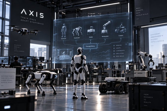 A futuristic robotics laboratory or showroom labeled 'AXIS' with the tagline 'TRAIN ONCE ADAPT EVERYWHERE', displaying various humanoid robots, a robot dog, a drone, and a robotic vehicle alongside a large screen showing 'Trained Policy'.