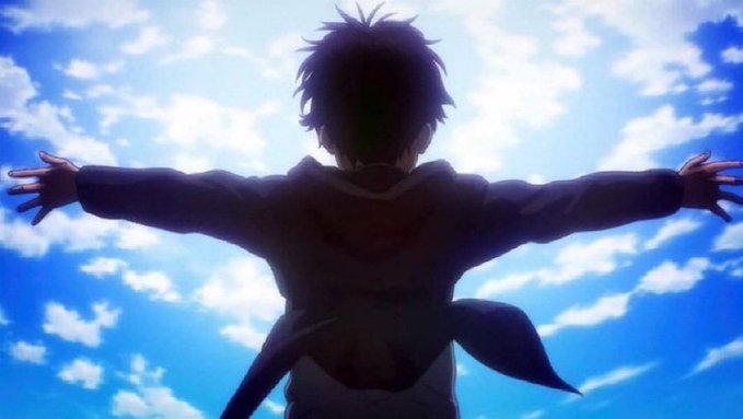 A silhouette of an anime character with arms outstretched against a bright blue sky, embodying a triumphant, uplifting spirit that complements the optimistic "gm to the believers" morning message.