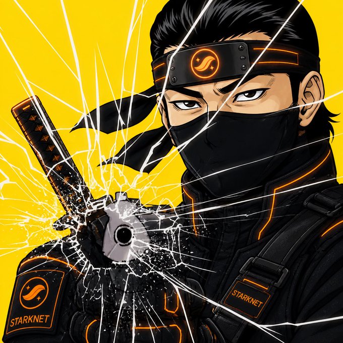 The image features a man dressed as a ninja, wearing a black outfit with a bandana around his head. He holds a gun that has been shattered into pieces by a bullet, creating a sense of destruction or chaos. The background is yellow, which contrasts with the black elements in the scene and adds to the overall visual impact. The caption below the image reads: "Focus on what is in the image and how it relates to the post".