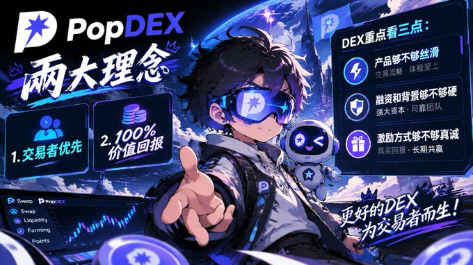 A promotional banner for PopDEX featuring an anime-style character wearing VR goggles alongside text highlighting two main concepts (交易者优先 and 100%价值回报) and three key DEX points in Chinese.