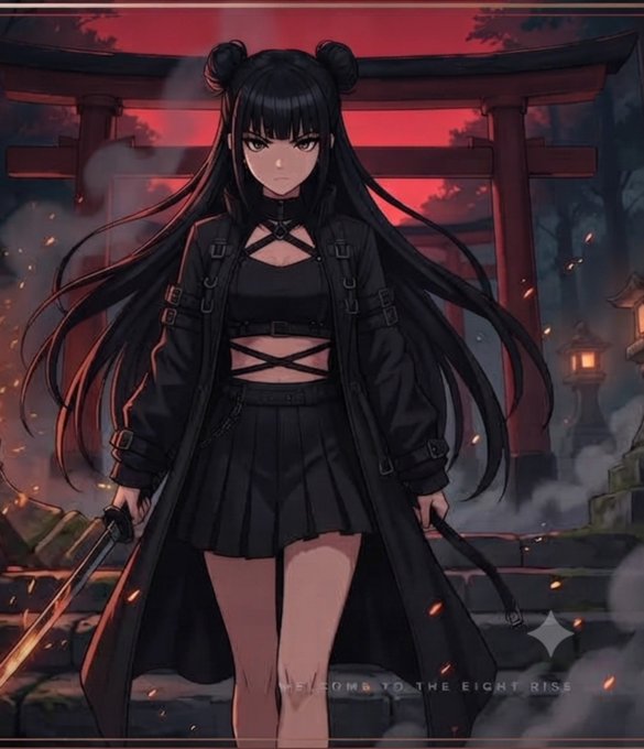 An anime-style illustration of a dark-haired girl with twin buns, wearing a black gothic outfit with a long coat and pleated skirt, holds a sword in front of a red torii gate at dusk, with faint text "WELCOME TO THE EIGHT RISE" visible at the bottom.